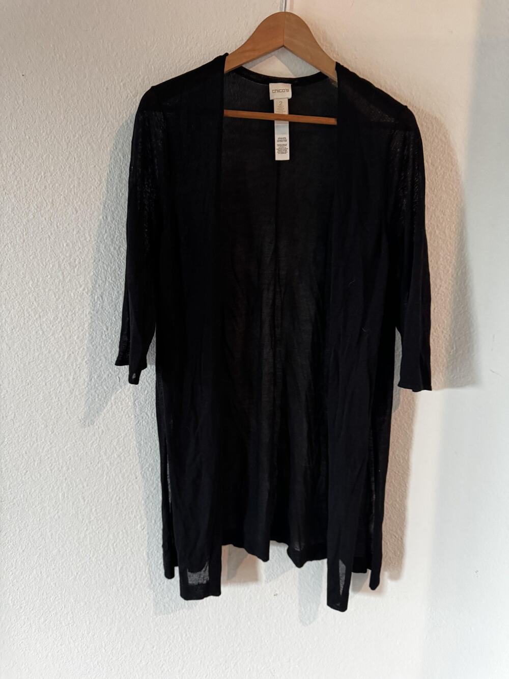 Chico's Sheer Black Duster Cardigan Open Front 3/4 Sleeve Size 2 (L/XL)